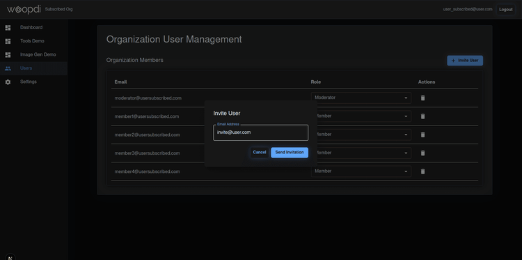 invite a user by email to join an organization